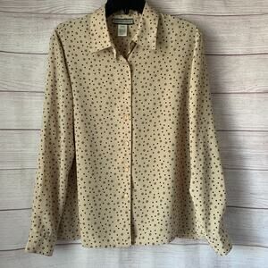 Vintage Notations Tan with Beige and Black Polka Dot Button Down Blouse Size L